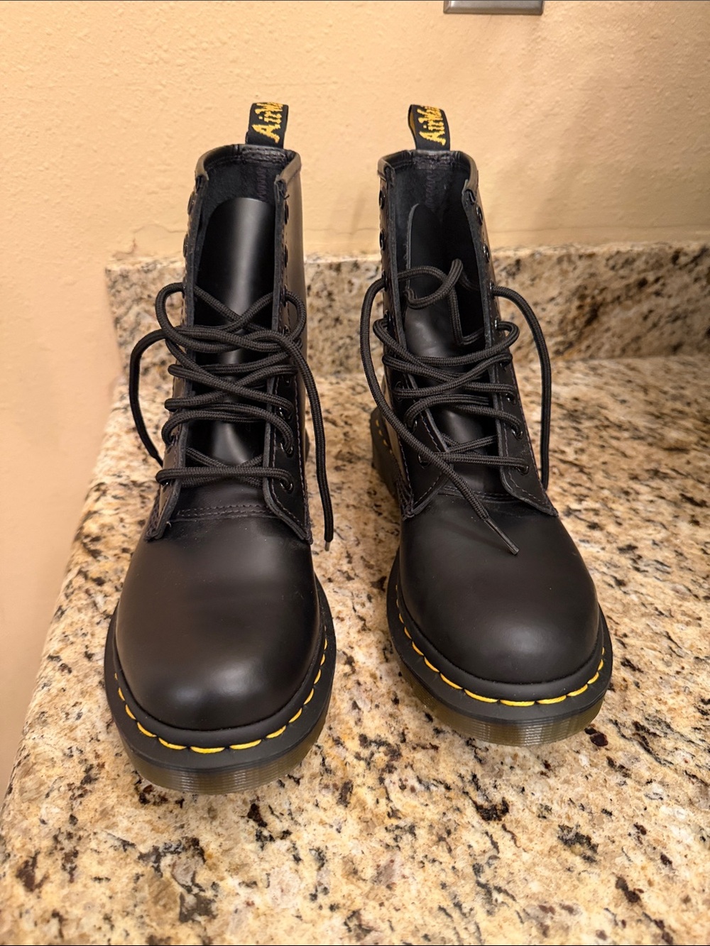 Dr. Martens Black Leather 8-Eye Lace-Up Boots with Yellow Stitching - Picture 6 of 6